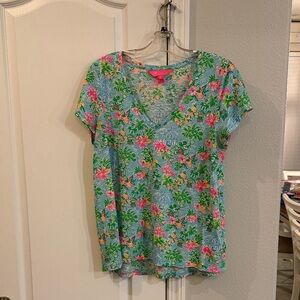 Lilly Pulitzer x Disney Floral V-Neck Short Sleeve Top - Blue and Pink